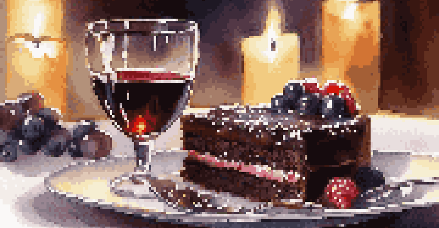 A close-up view of a rich chocolate cake with fresh berries and a glass of Port wine, illuminated by soft candlelight in a blurred background.