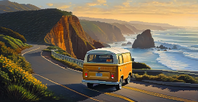 A scenic view of the Pacific Coast Highway with cliffs, ocean waves, and a vintage van at sunset.