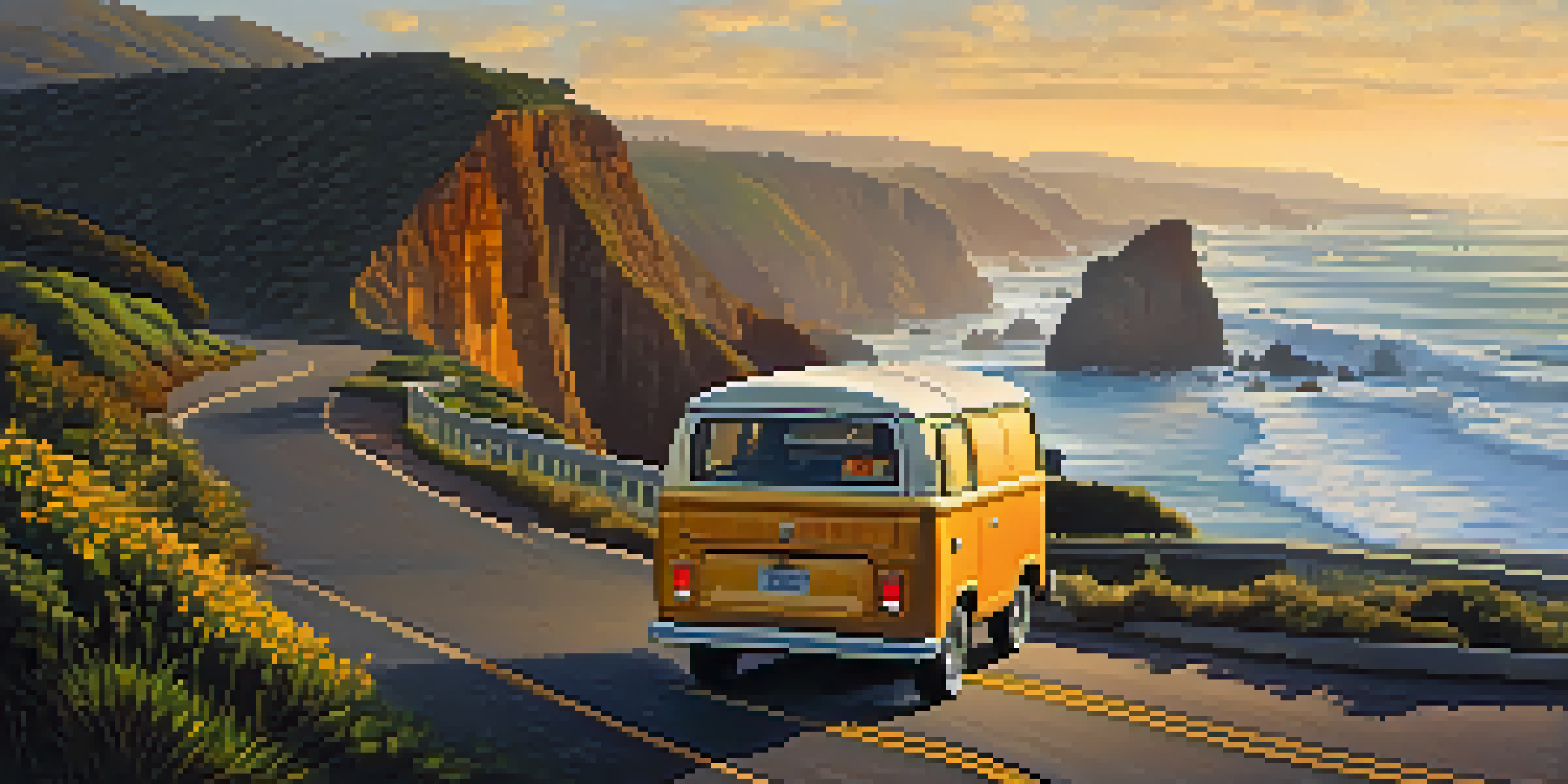 A scenic view of the Pacific Coast Highway with cliffs, ocean waves, and a vintage van at sunset.