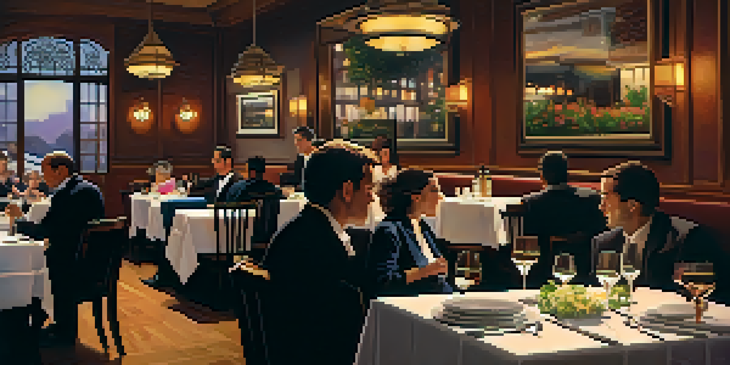 A cozy restaurant scene with diners at tables and a waiter serving food under warm ambient lighting.