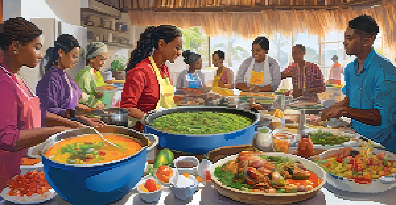Learners engaged in a cooking class, surrounded by colorful ingredients and practicing their language skills.