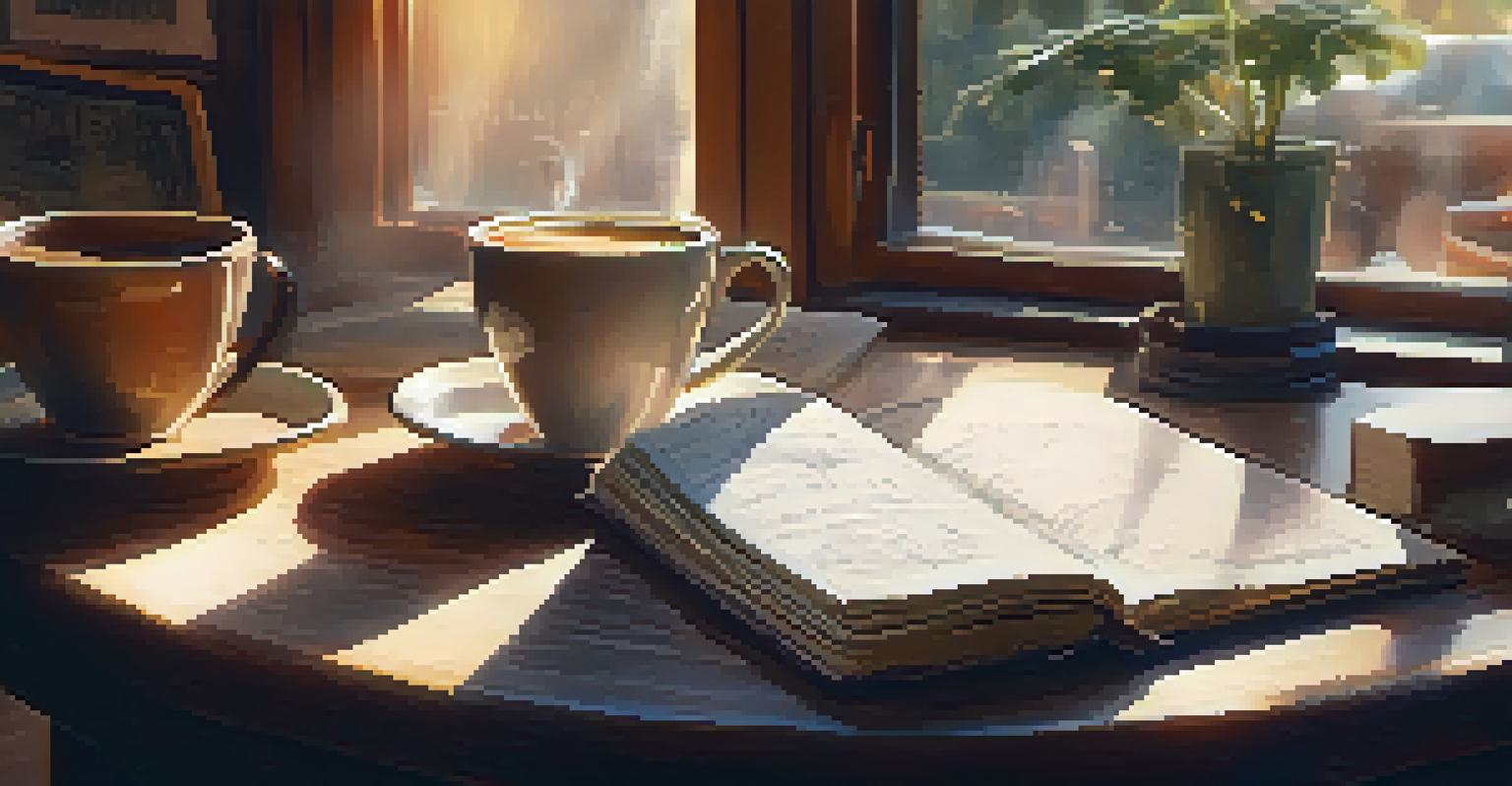 A close-up of hands journaling in a café with a cup of coffee, sunlight streaming through a window, creating a warm and peaceful setting.