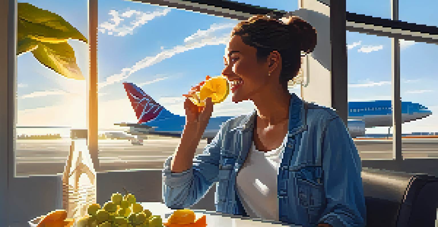 A happy traveler at an airport holding a reusable water bottle and healthy snacks, promoting hydration and wellness.