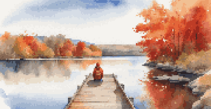 A person stands on a dock by a lake surrounded by autumn trees, reflecting vibrant orange and red colors in the water.