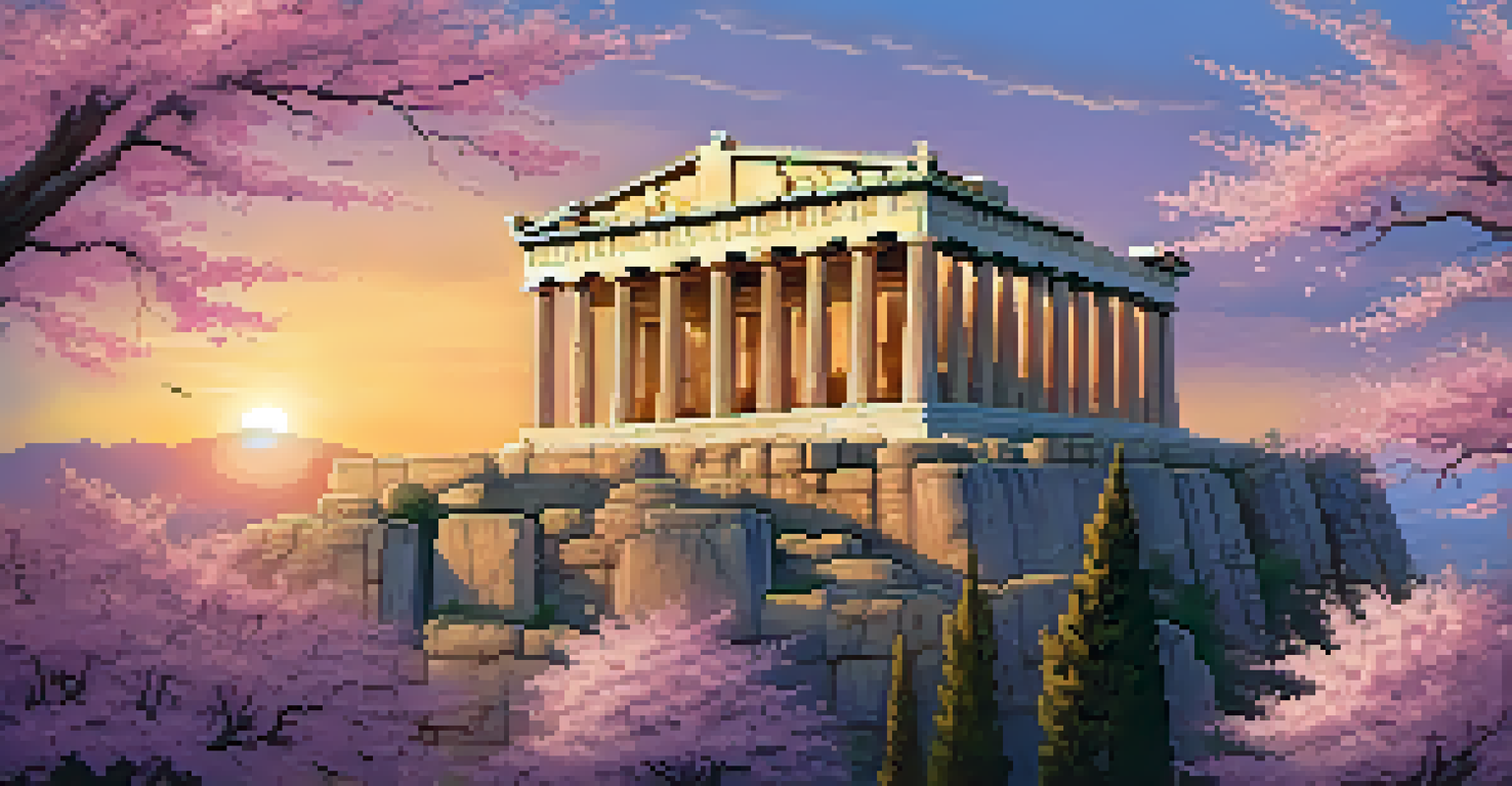 The Acropolis in Athens at sunset, with the Parthenon glowing and cherry blossom trees in bloom in the foreground.