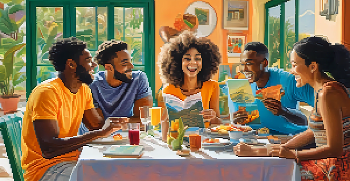 A group of friends enthusiastically planning a trip together at a table, with travel materials and a laptop present.