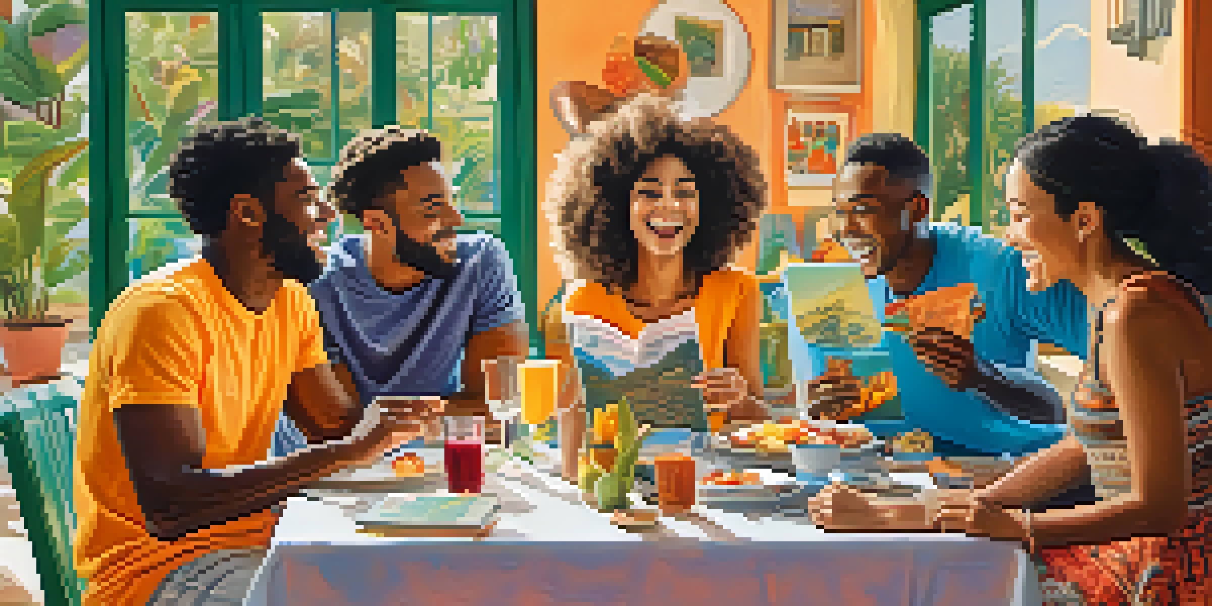 A group of friends enthusiastically planning a trip together at a table, with travel materials and a laptop present.