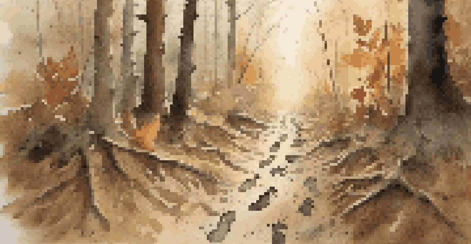 Detailed wildlife tracks in mud along a forest trail, surrounded by leaves and twigs in soft sunlight.