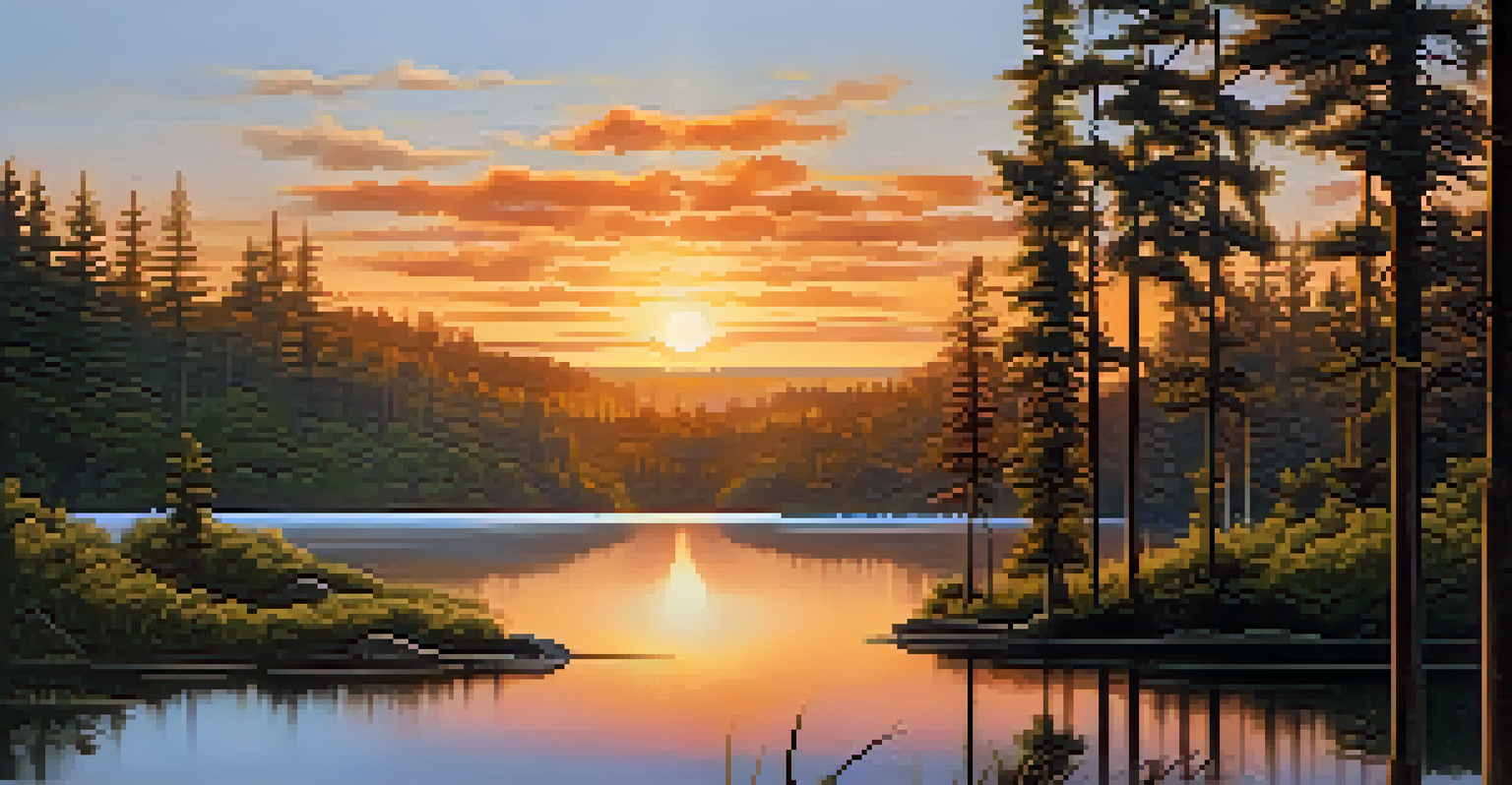 A tranquil sunset landscape over a forest and lake, with Indigenous symbols incorporated into the scene, representing the connection to nature.