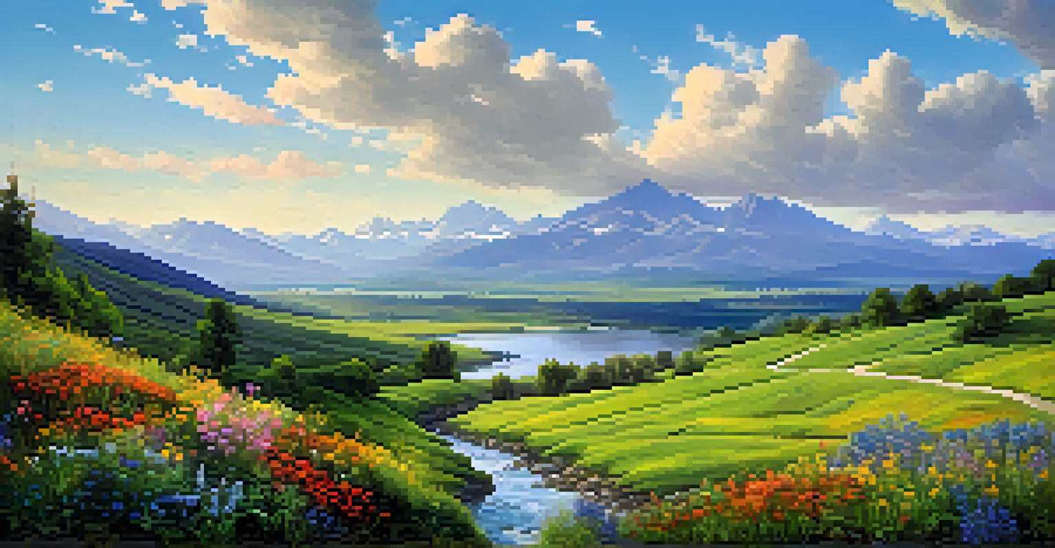 A lush green valley with wildflowers and a winding river under a blue sky.