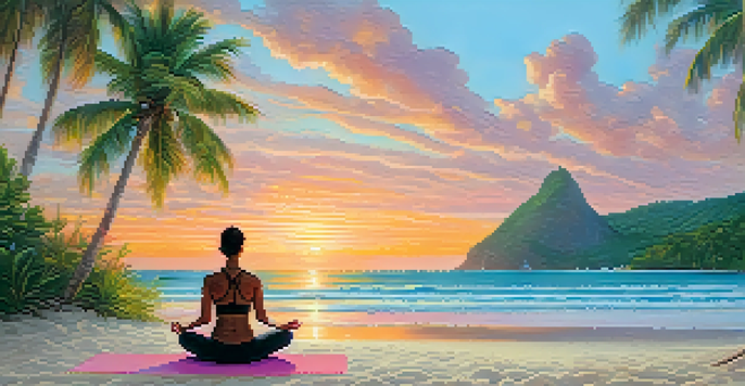 A tranquil beach scene with a person doing yoga at sunrise, surrounded by palm trees and colorful flowers.