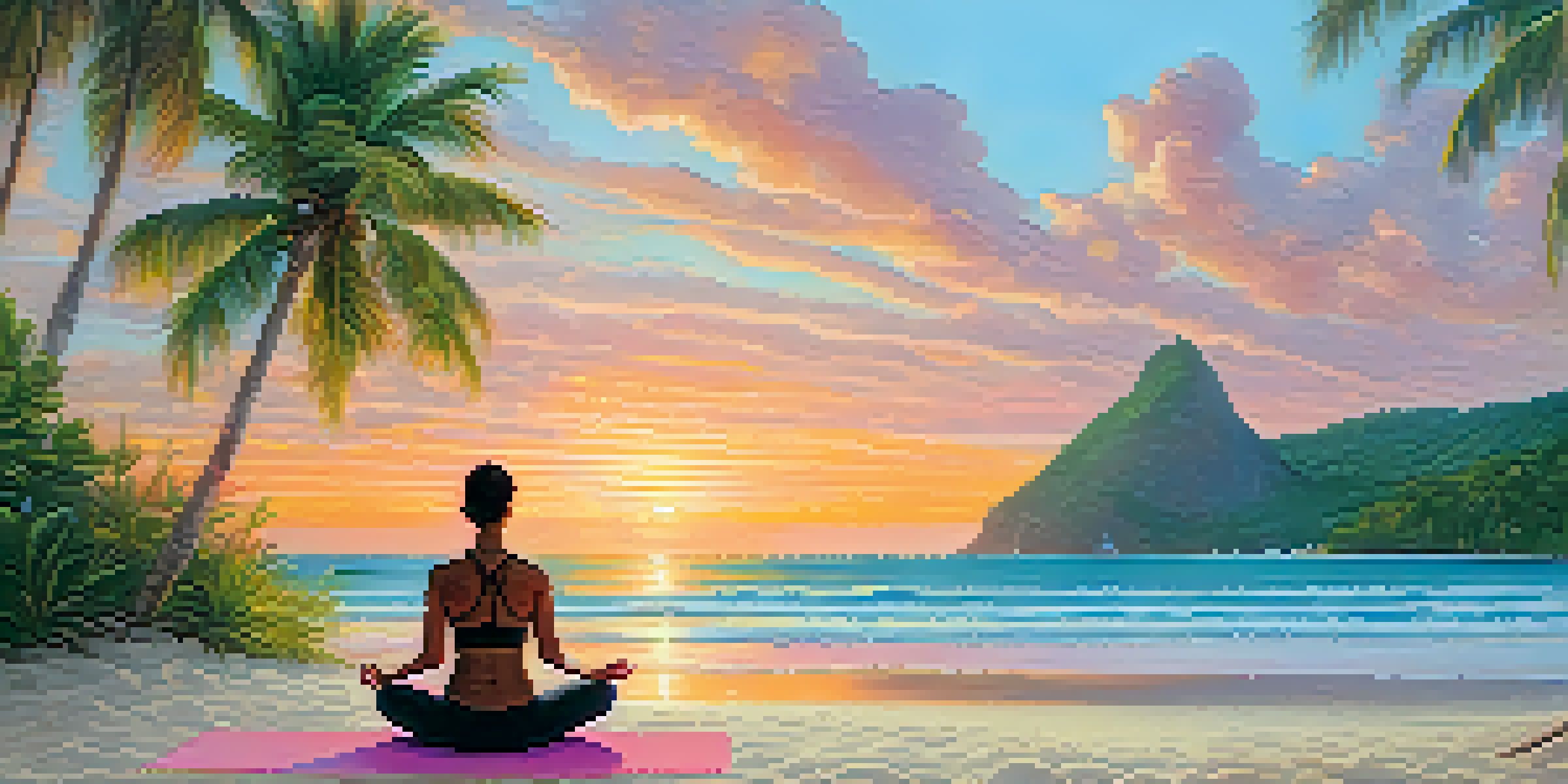 A tranquil beach scene with a person doing yoga at sunrise, surrounded by palm trees and colorful flowers.