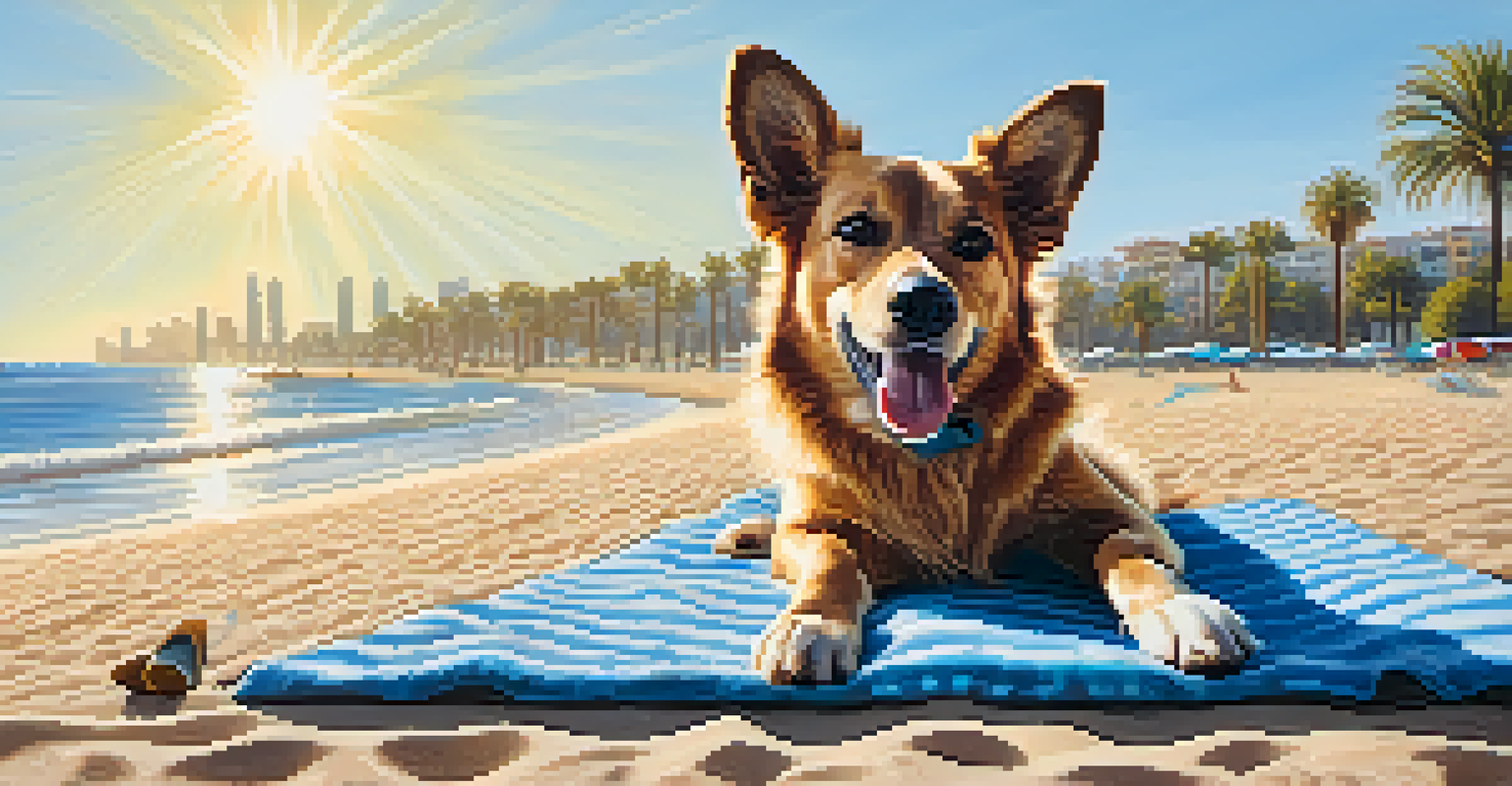 A dog running on a sunny beach in Barcelona with its owner relaxing nearby.