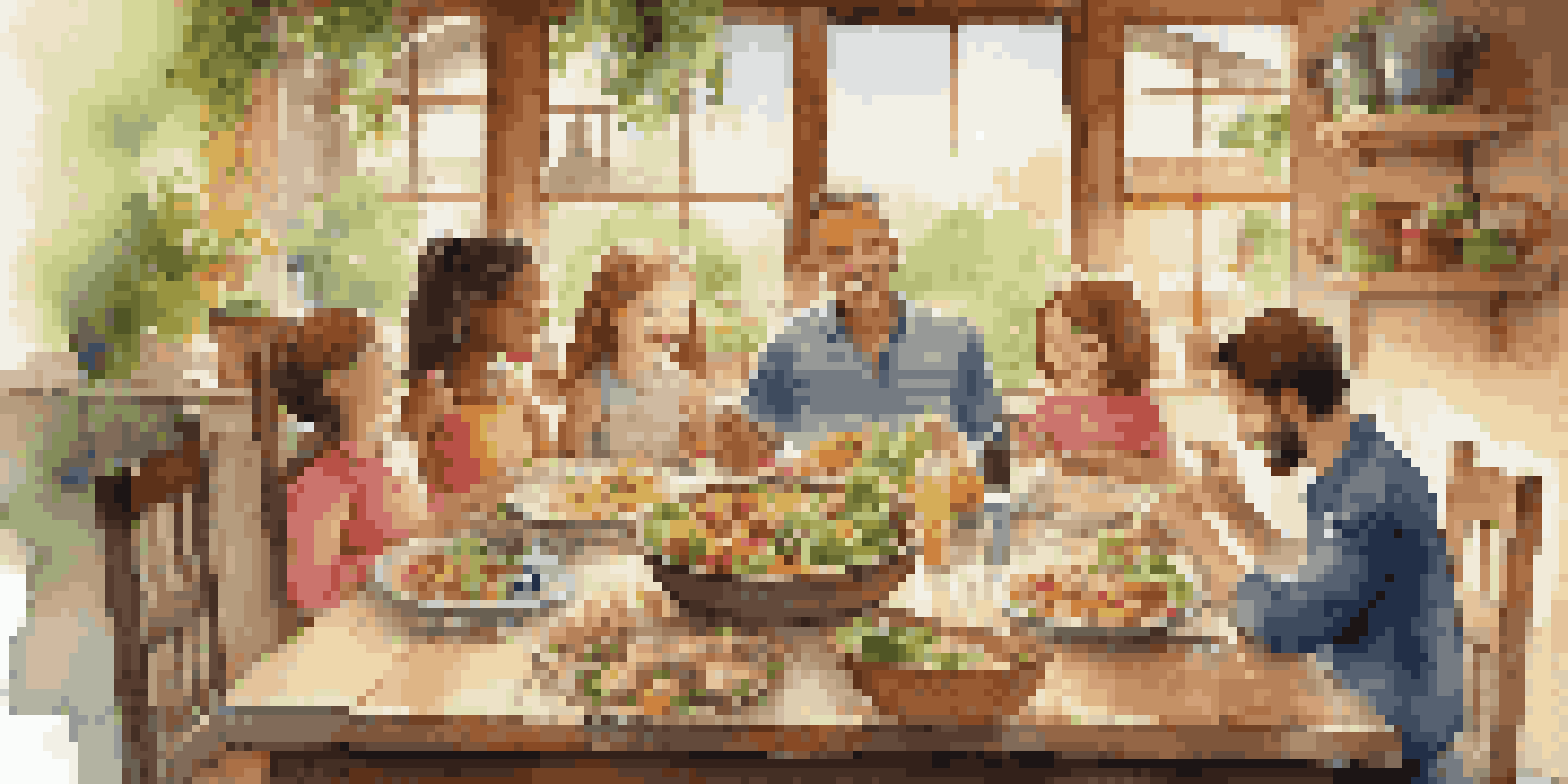 A family enjoying a meal together at a wooden table, with colorful healthy dishes and warm lighting.