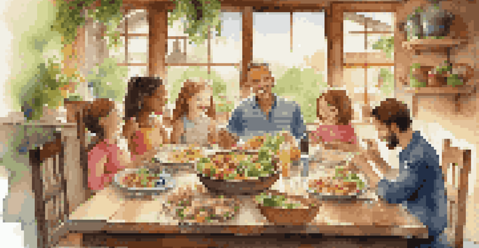 A family enjoying a meal together at a wooden table, with colorful healthy dishes and warm lighting.