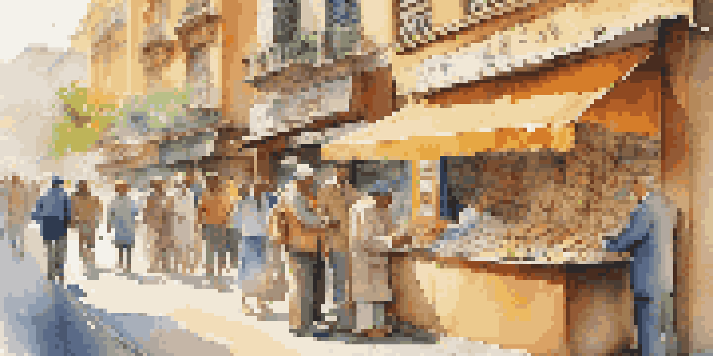 A traveler exchanging currency at an outdoor booth with a local agent in a busy city street, colorful notes in hand and sunlight illuminating the scene.