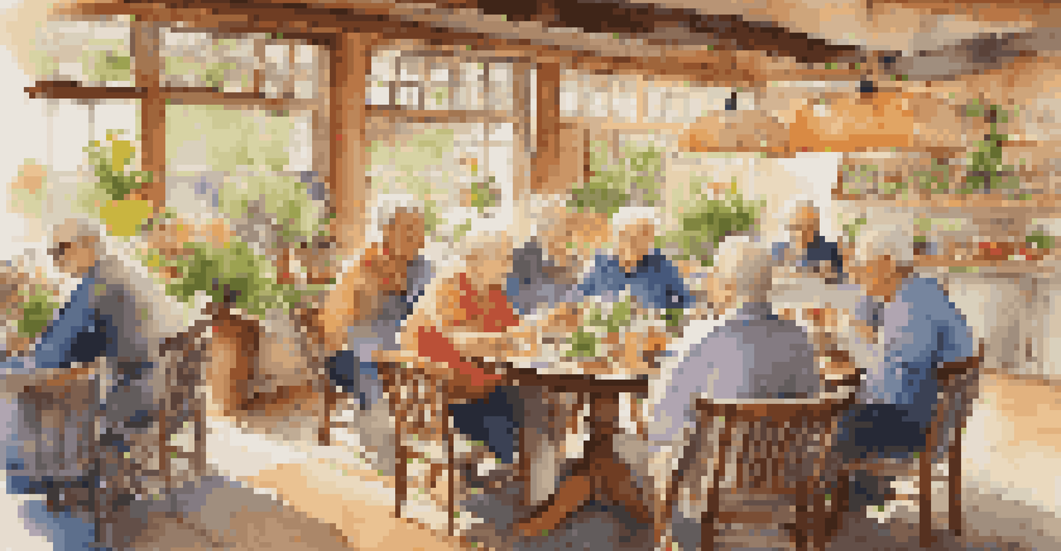 Seniors enjoying a meal together at a cozy café, surrounded by warm lighting and plants.