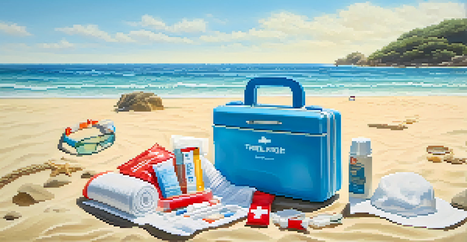 An open travel-sized first aid kit on a sandy beach with the ocean in the background.