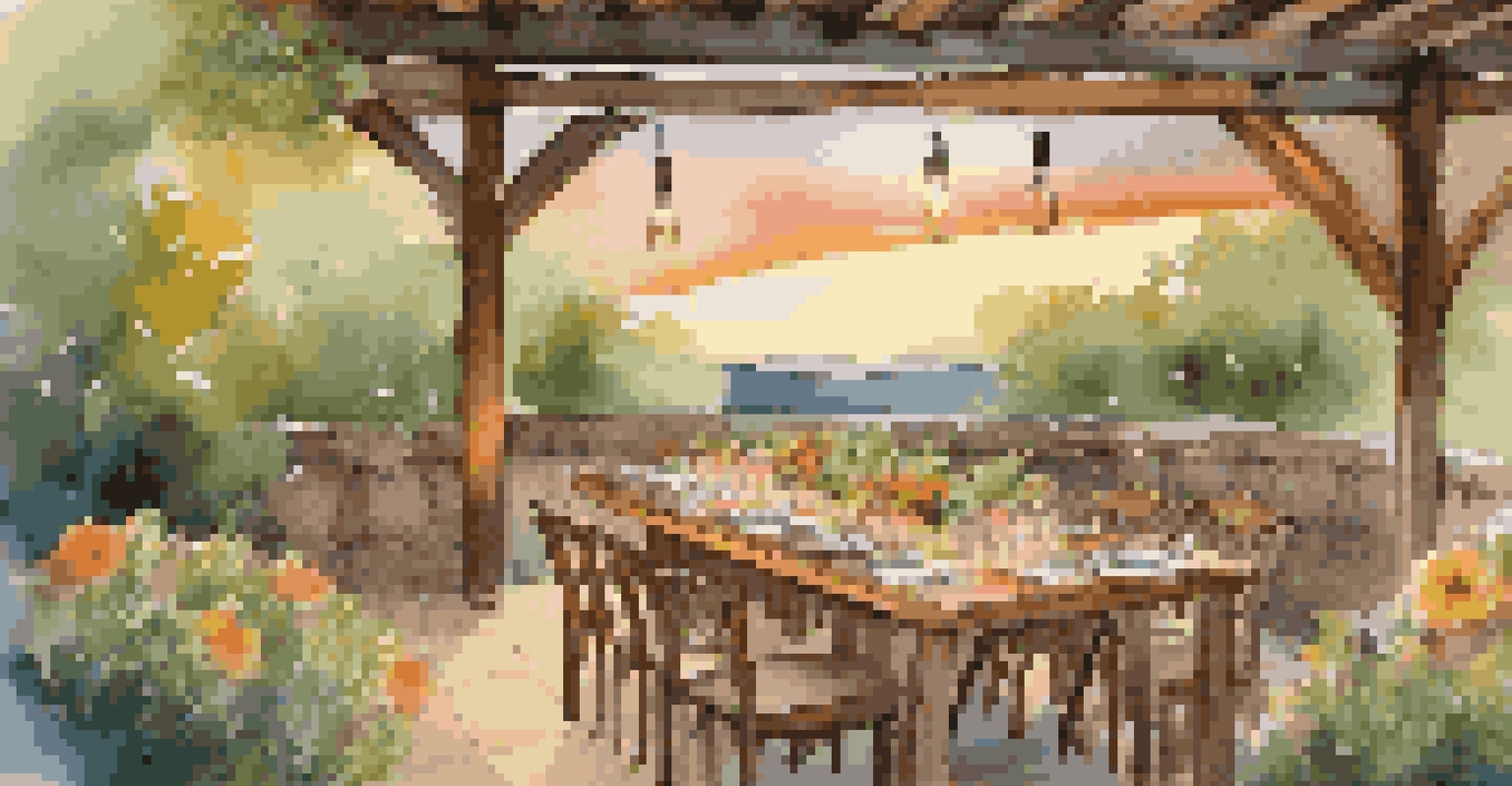 A cozy outdoor dining area at an eco-friendly accommodation, featuring rustic tables, seasonal dishes, and greenery under a sunset.