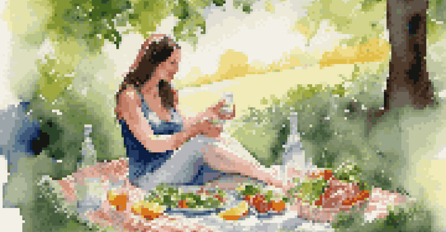 A pregnant woman enjoying a healthy meal during a picnic in a lush green setting.