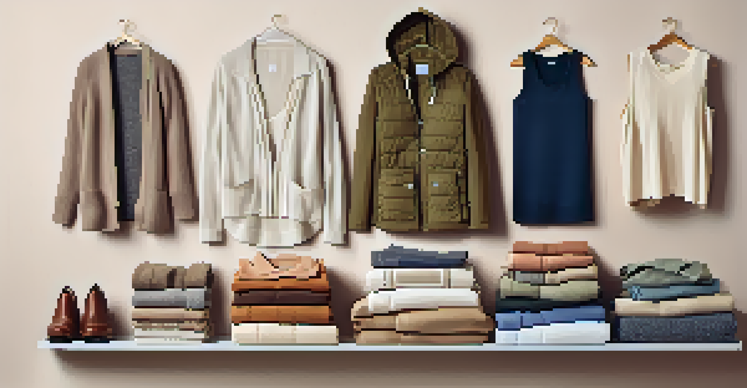 A stylish assortment of versatile travel clothing displayed on a bed, highlighting a light jacket, a dress, and layering pieces.
