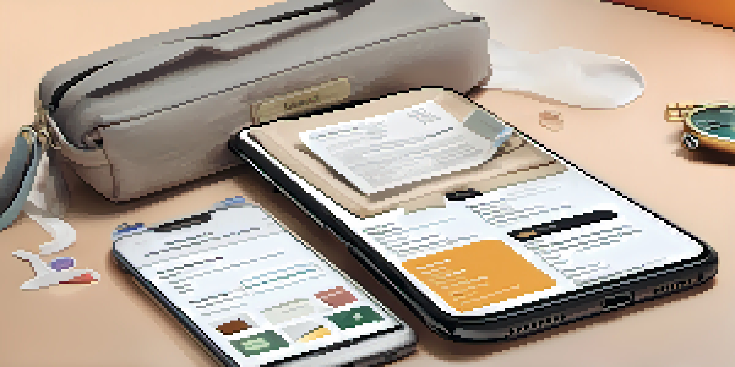 A close-up of a smartphone displaying a packing app interface with a personalized packing list, surrounded by travel essentials like a passport, sunglasses, and toiletries.