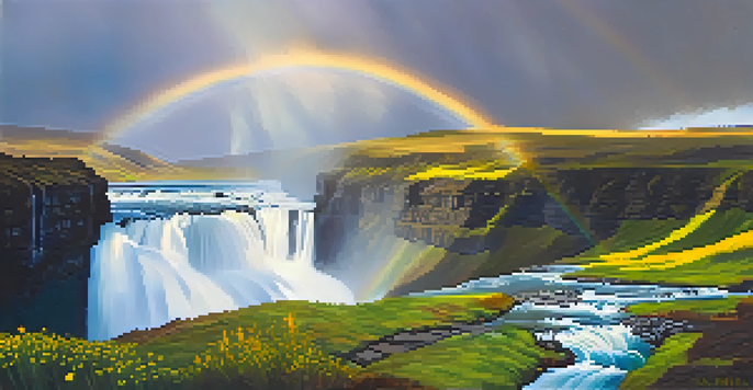 A stunning waterfall in Iceland surrounded by green landscapes and colorful wildflowers, with a rainbow appearing in the mist.
