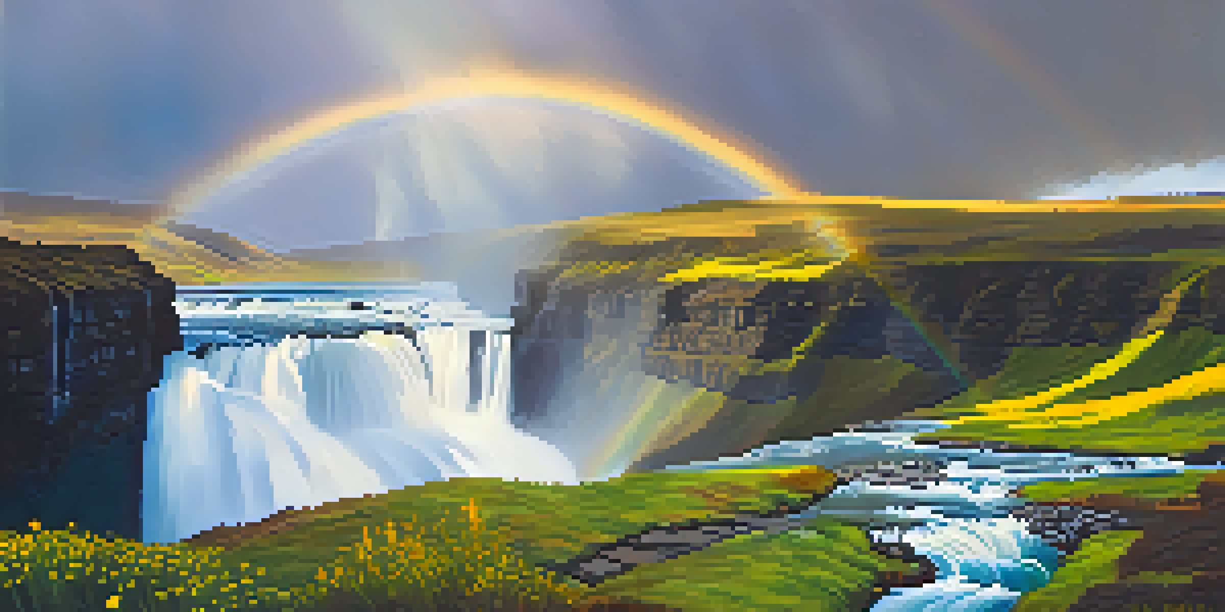 A stunning waterfall in Iceland surrounded by green landscapes and colorful wildflowers, with a rainbow appearing in the mist.