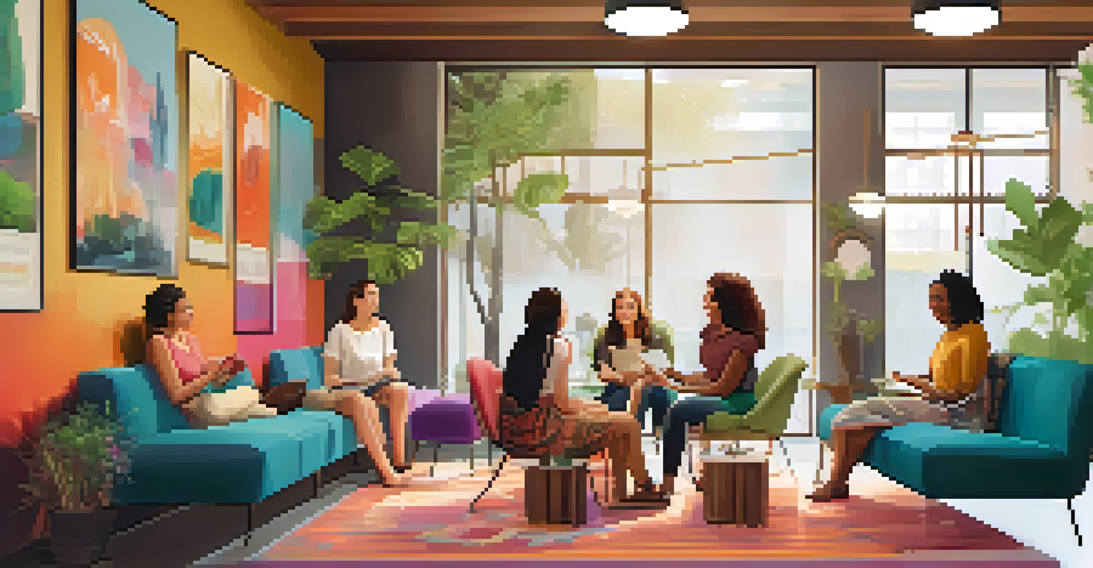 A vibrant women-only hostel lobby filled with female travelers interacting and sharing stories in a cozy space.