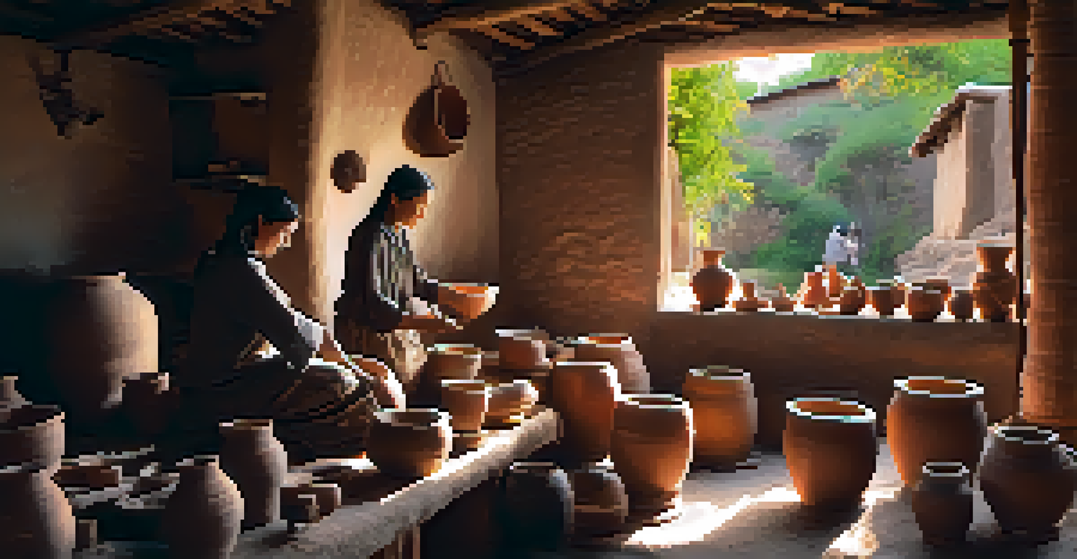 An artisan workshop with a local craftsperson teaching tourists pottery making, surrounded by clay pots and tools.