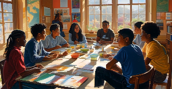 A diverse group of students in a classroom discussing together, with cultural artifacts in the background and sunlight illuminating the scene.