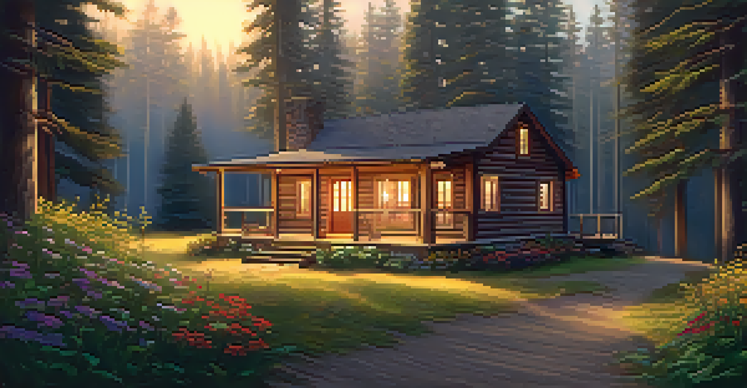A cozy cabin in a tranquil forest, glowing warmly from within, surrounded by tall trees and wildflowers.