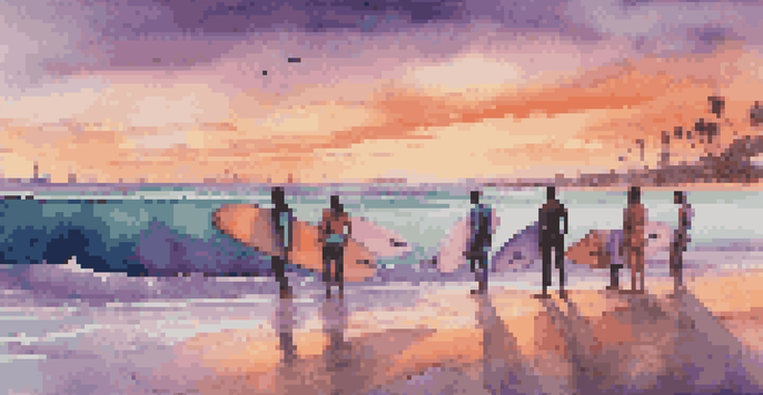 A colorful sunset beach scene with surfers riding waves on different surfboards, and a group of surfers discussing their equipment.