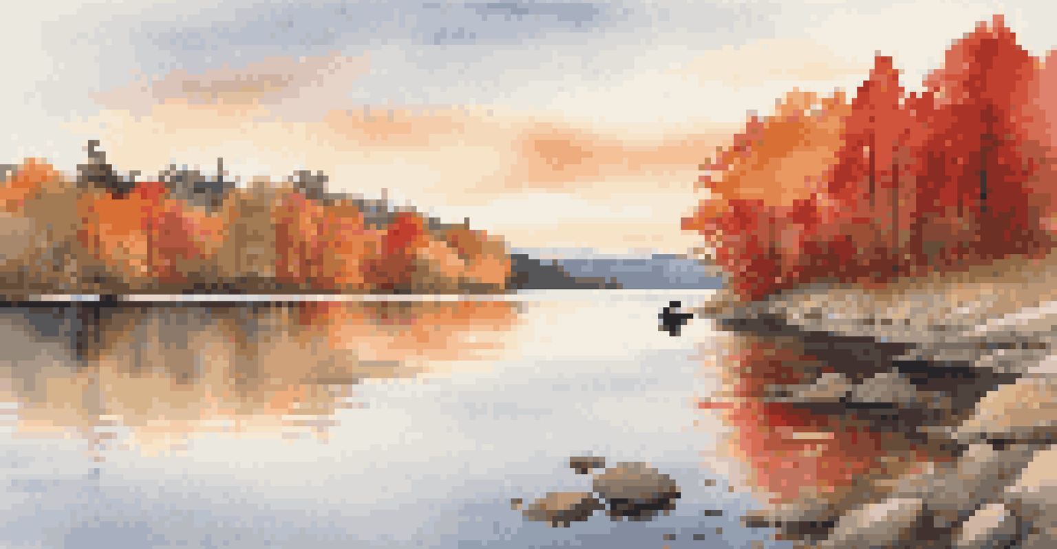 A calm lake in autumn, surrounded by trees with colorful foliage reflecting in the water during sunset.
