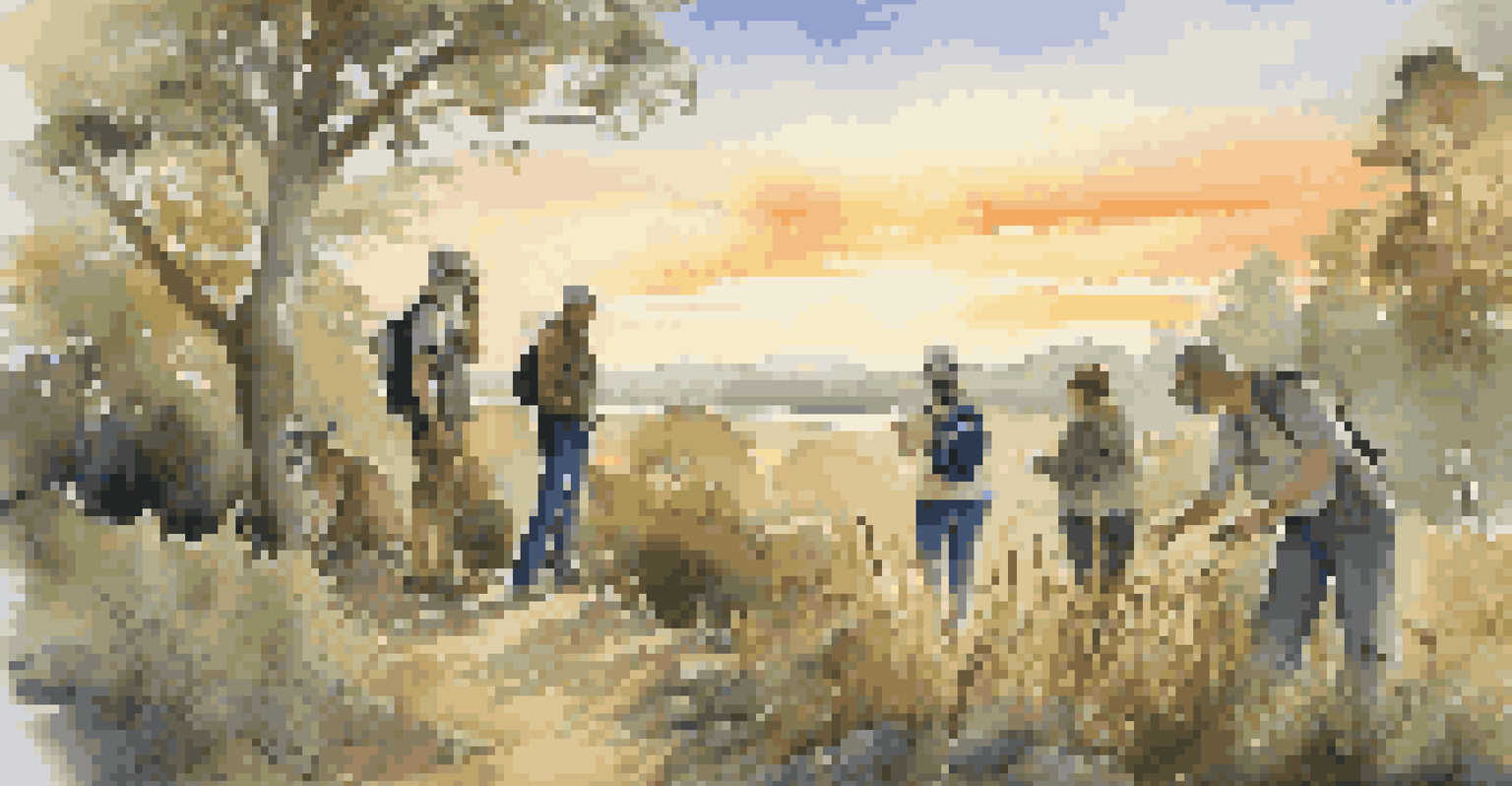 Travelers engaging in a guided nature walk, observing wildlife in a picturesque setting during sunset.