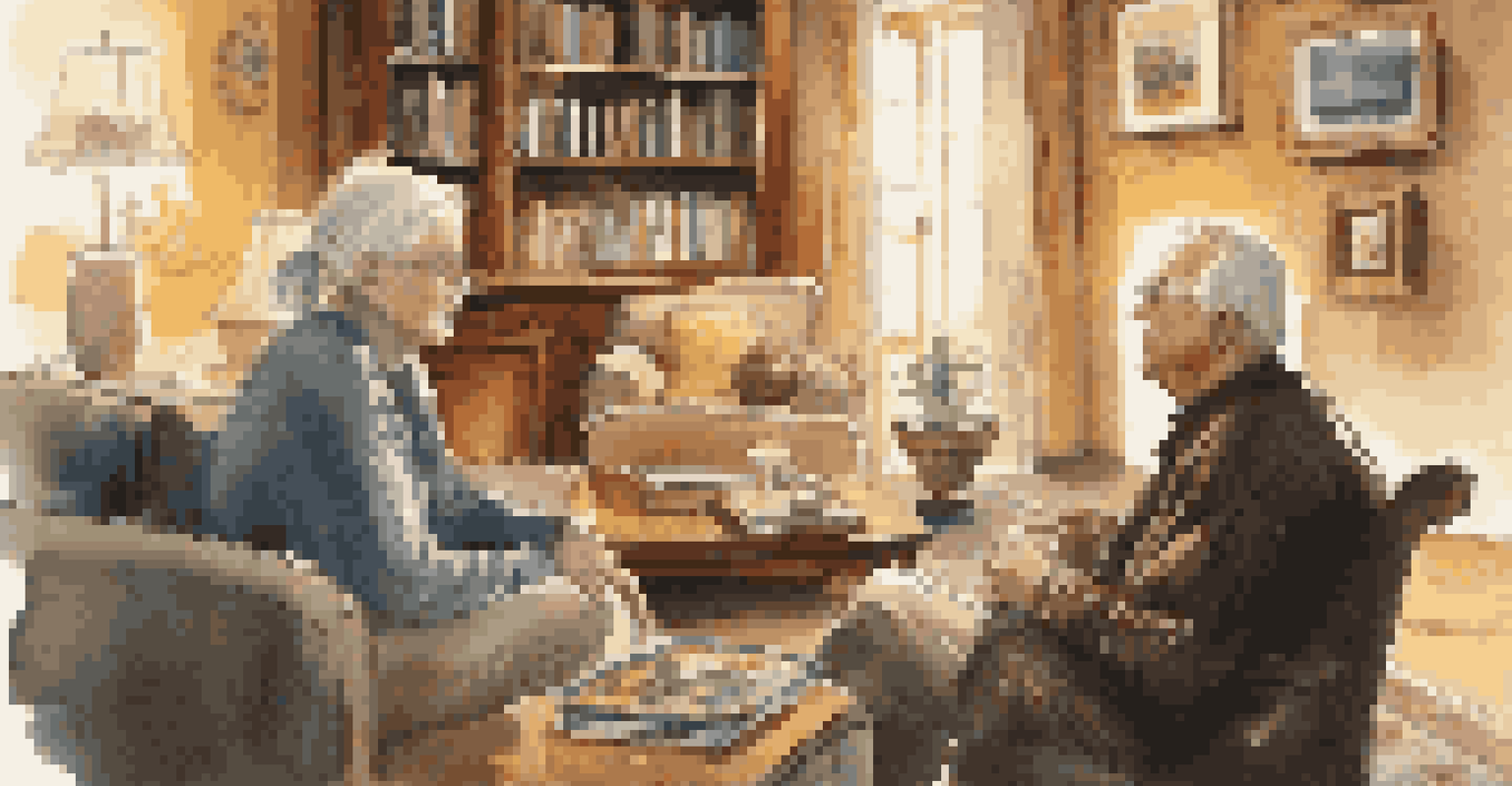 A local resident sharing travel insights with a traveler in a cozy, warmly lit living room.