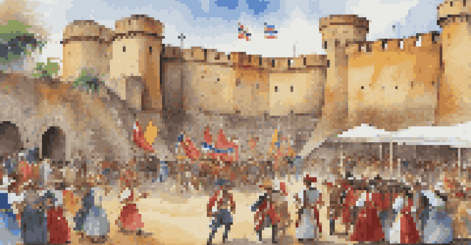 Actors reenacting a historic battle at San Juan's forts, surrounded by colorful banners and a lively crowd celebrating.