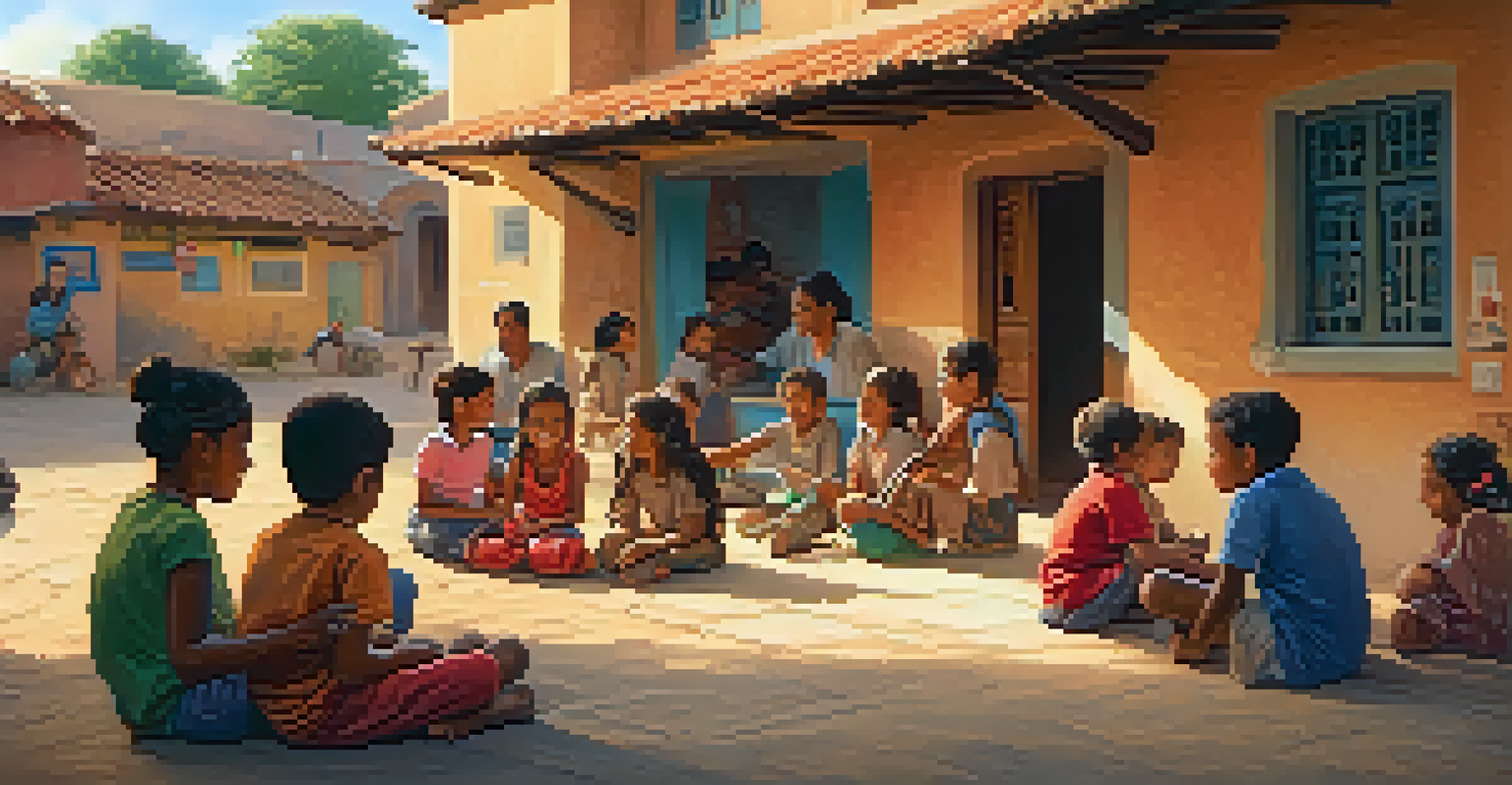 A volunteer sharing stories with local children in a village square, surrounded by crafts and vibrant murals.