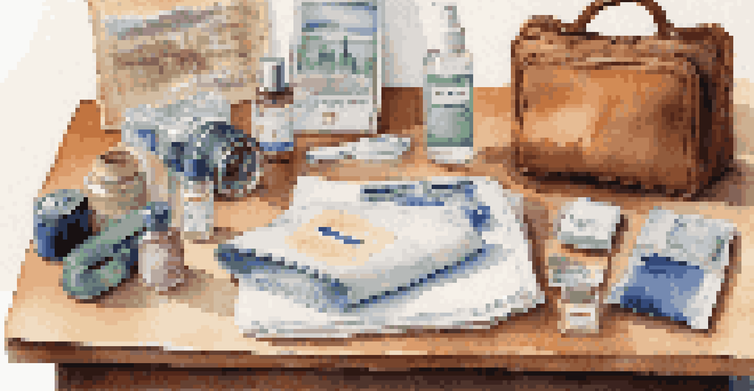 A travel kit with health essentials and important documents displayed on a wooden table, illuminated by natural light.