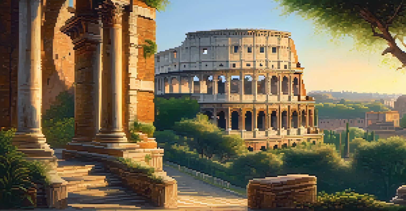 The Colosseum in Rome during sunset, surrounded by greenery and tourists, showcasing the beauty of ancient architecture.