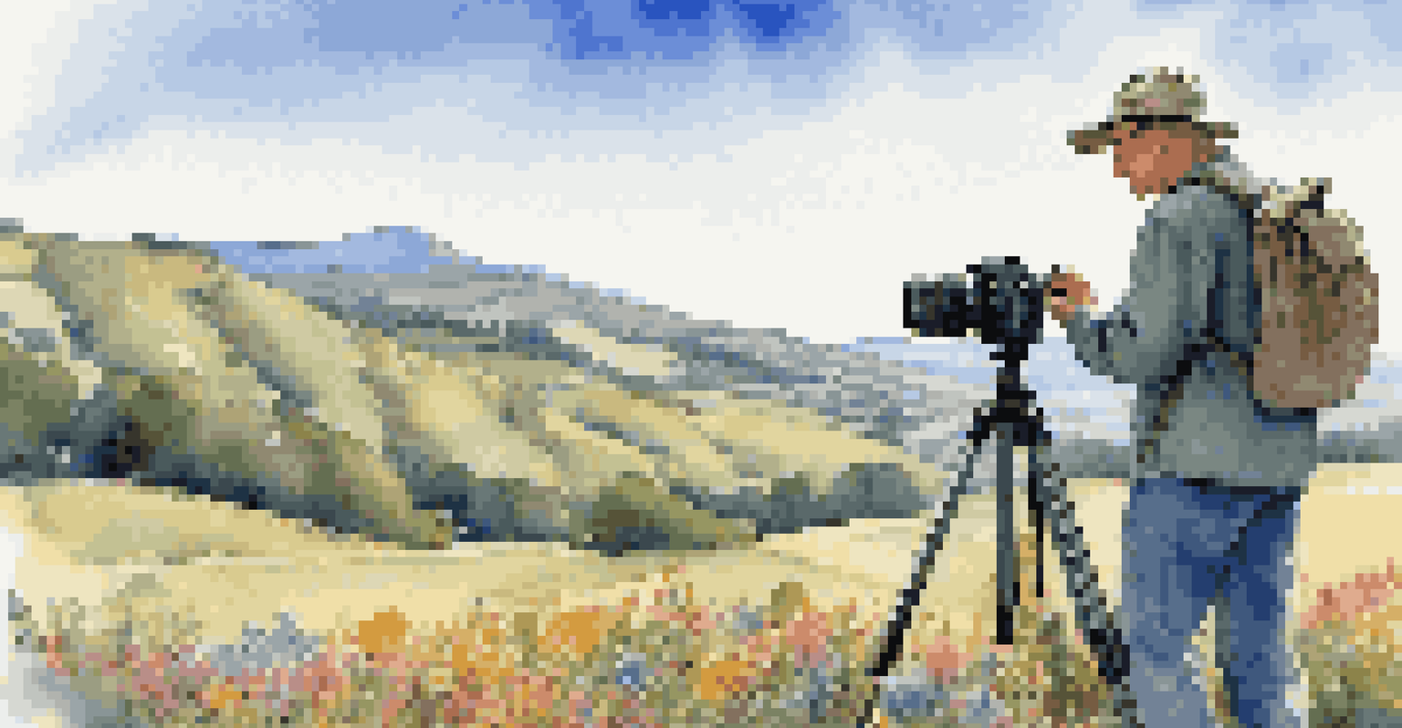 A photographer adjusting a lightweight travel tripod in a field of wildflowers with rolling hills in the background.