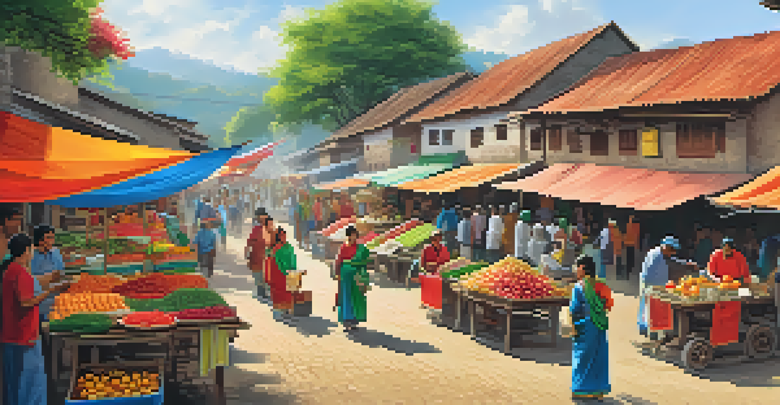 A lively village market with colorful stalls and local vendors interacting with visitors.