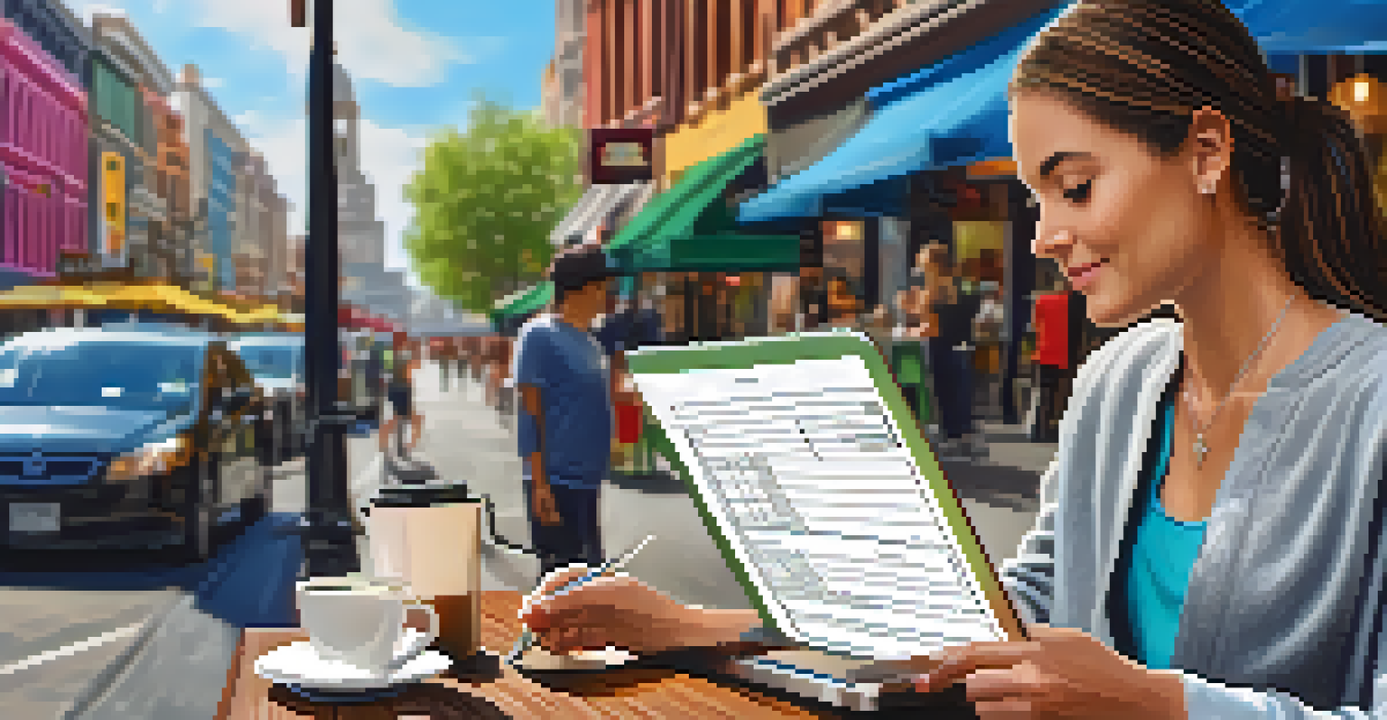 A traveler filling out a medical claim form at a cafe, with a laptop and coffee in a lively city setting.