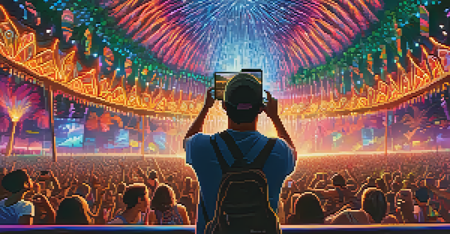 A festival-goer photographing a colorful light installation at a music festival, surrounded by vibrant colors and designs.
