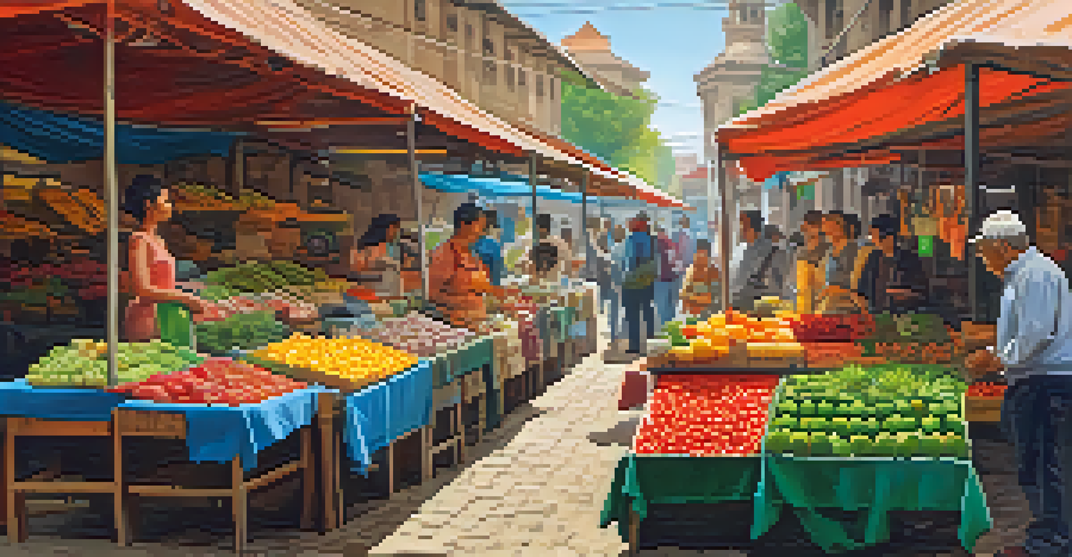 A bustling local market with travelers engaging with vendors, surrounded by colorful stalls of fresh produce and crafts.
