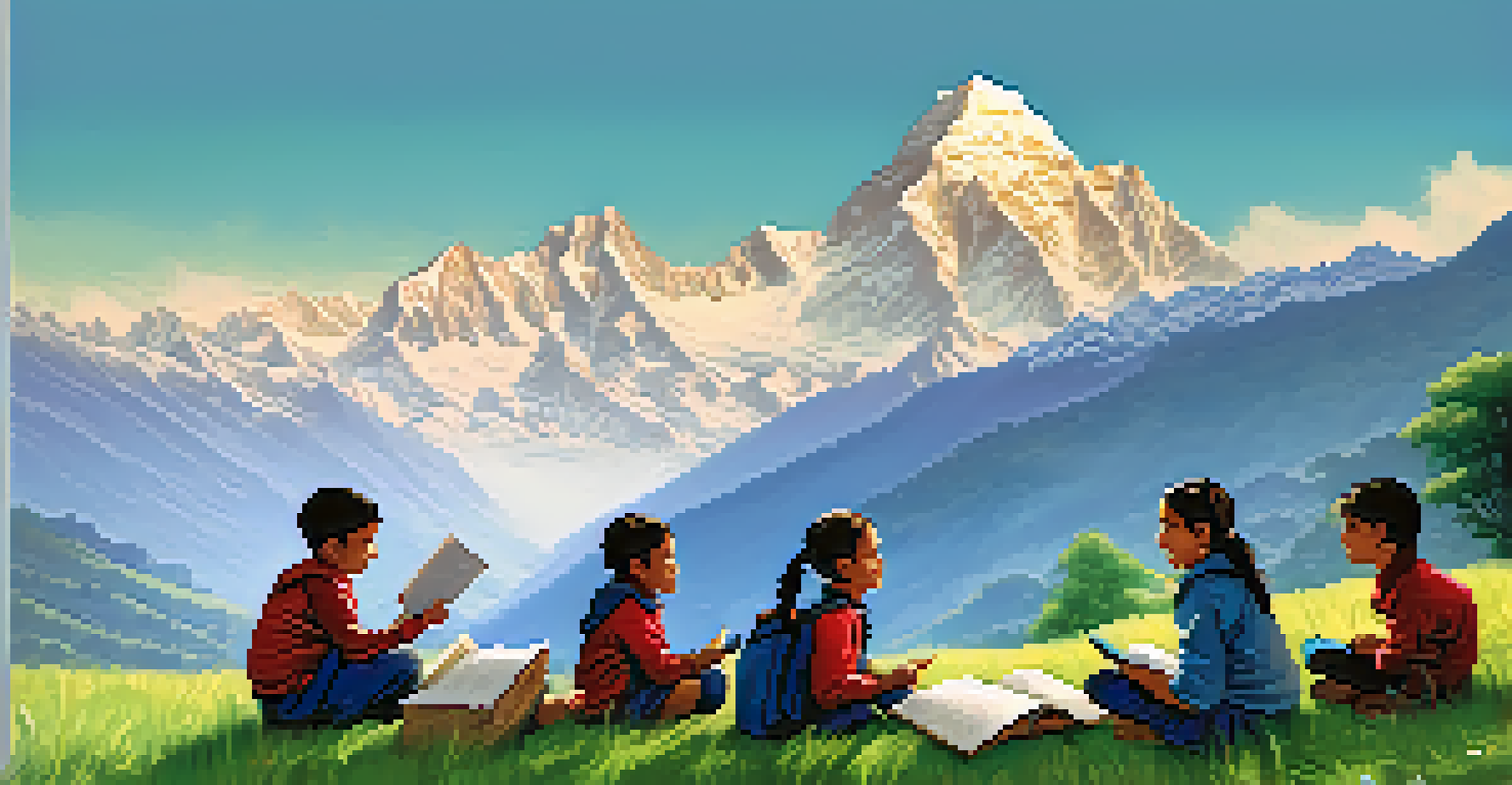 A volunteer teaching English to local children against the backdrop of the Himalayas in Nepal.