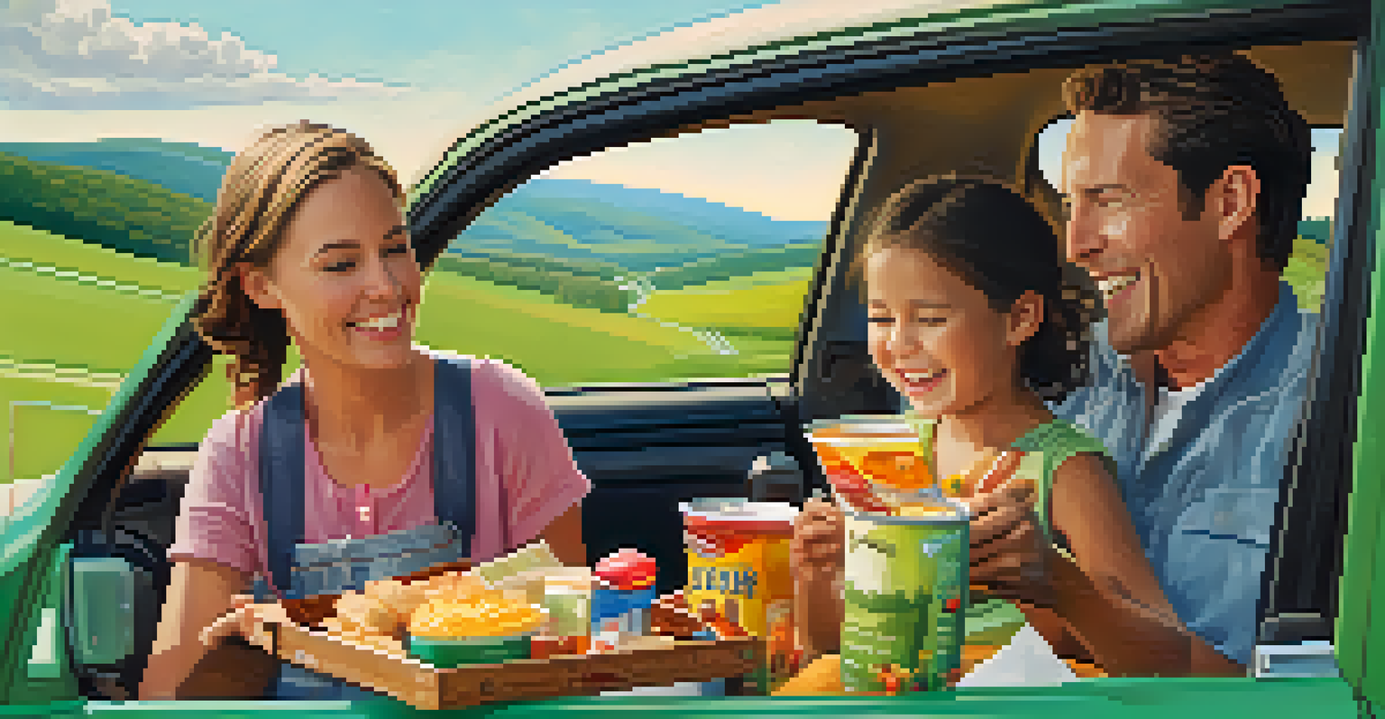 A family enjoying a road trip in a car, singing together as they drive through picturesque scenery.