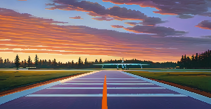 A quiet airport runway bathed in the warm colors of a sunset, with pine trees lining the background.