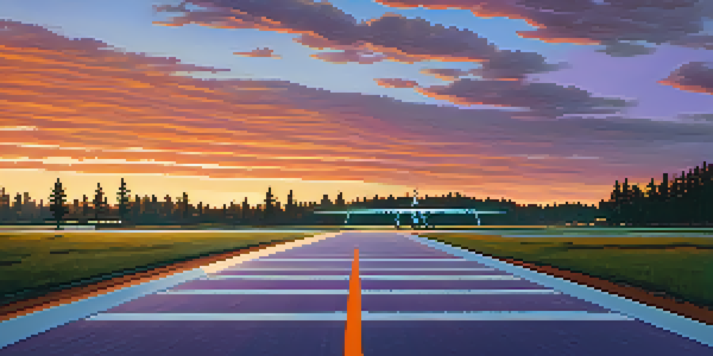 A quiet airport runway bathed in the warm colors of a sunset, with pine trees lining the background.