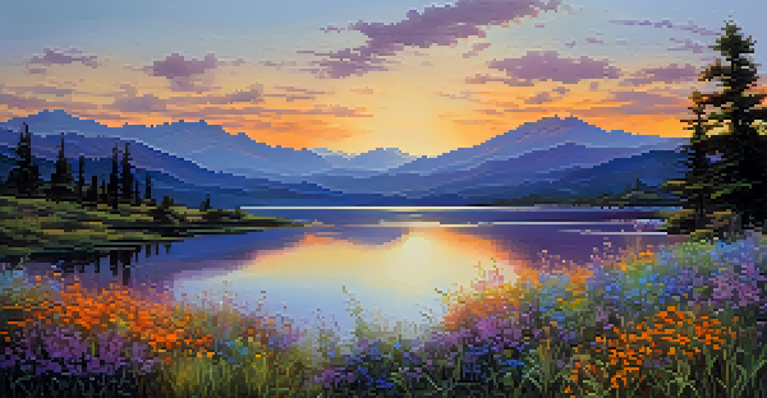 A beautiful mountain landscape at sunset with a lake reflecting the colors and blooming wildflowers in the foreground.